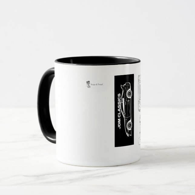 Taza Supra en Blanco y Negro | Pistón y Rosca (Anverso izquierdo)