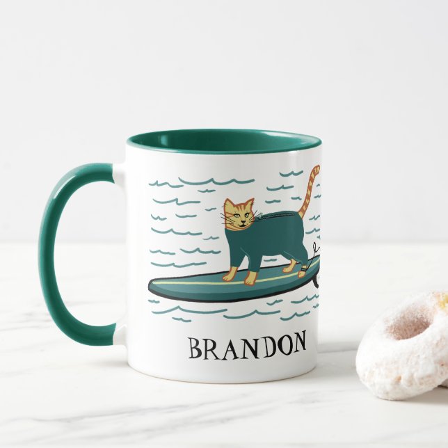 Taza Surfing Tabby Cat PERSONALIZAR IT (Con donut)