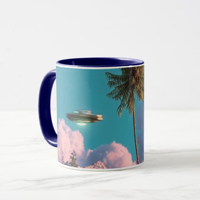 Taza Surreal UFO and Palm Tree Mountain Scene (Anverso izquierdo)