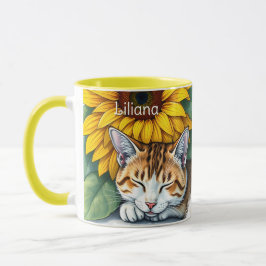 Taza Sweet Sleepy Kitty Cat and Sunflowers Personalized