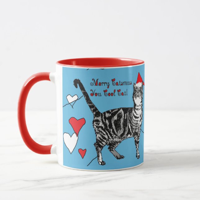 Taza Tabby Cat Merry Blue Navidades Rojos Mug del coraz (Izquierda)