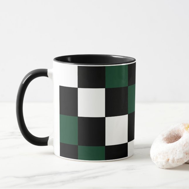 Taza tablero de ajedrez blanco negro negro jaque verde (Con donut)