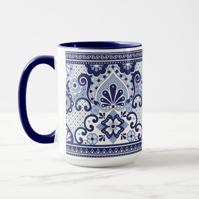 Taza Talavera azul y blanca arte folclórico mexicano (Izquierda)