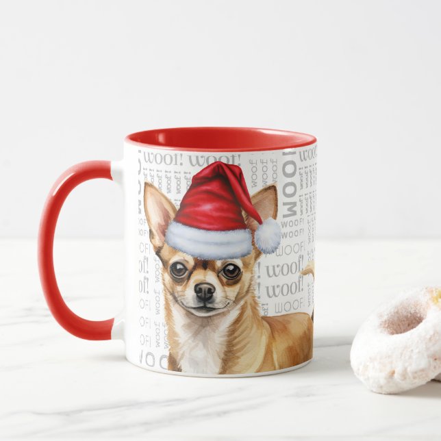 Taza Tan Chihuahua Dog Santa Woof Navidades de fondo (Con donut)