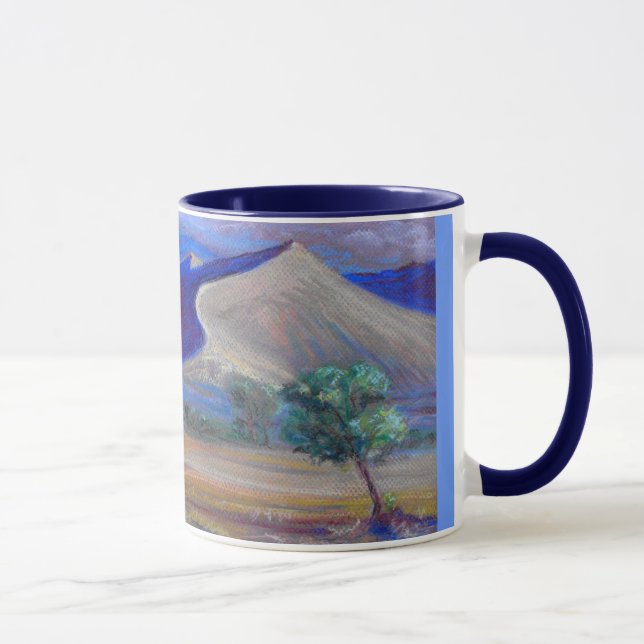 Taza Tarjeta de dunas de atardecer, montañas lejanas y  (Derecha)