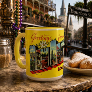 Taza Tarjeta Postal de Viaje de Saludos Antiguos de Nue