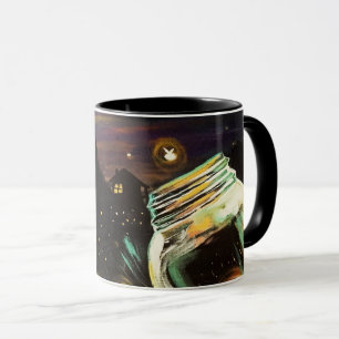 Taza Tarro de luciérnagas bajo la luna creciente Noche 