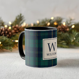 Taza Tartan Plaid Monograma Verde Clásico de Navidad