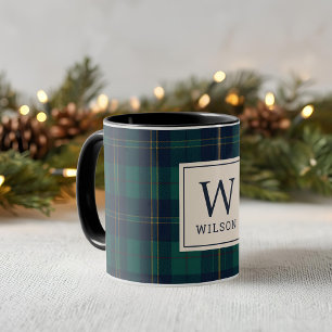 Taza Tartan Plaid Monograma Verde Clásico de Navidad