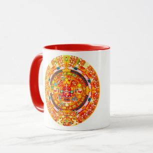 Taza tasa con el calendario azteca en tonos rojos