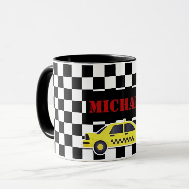 Taza Taxi negro/blanco conocido de encargo del amarillo (Anverso izquierdo)