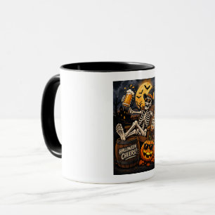 Taza ¡Taza de Halloween Cheers! Esqueleto relajado con