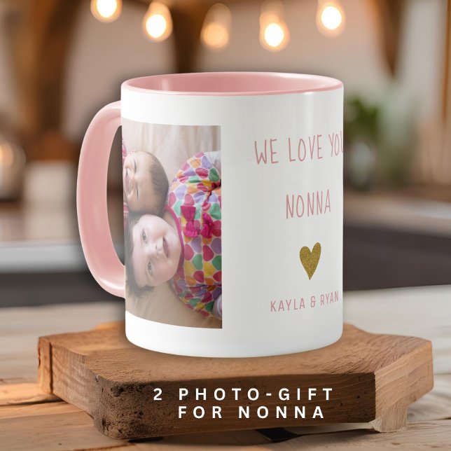 Taza Te Aman Nonna 2 Collage de fotos Abuela Rosa (We Love You Nonna 2 Photo Collage Grandma Pink Mug)
