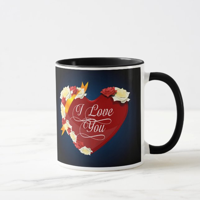 Taza Te amo, corazón rojo/rosas blancos (Derecha)