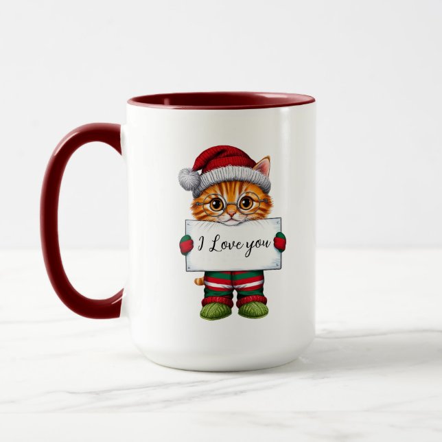 Taza Te amo, gato, peluca de Navidades personalizados (Izquierda)