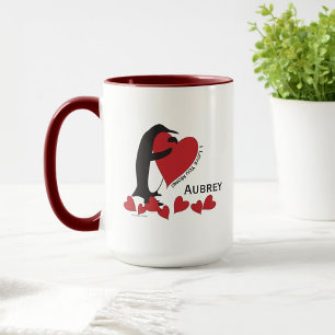 Taza ¡Te amo más! Pingüino y café corazón rojo