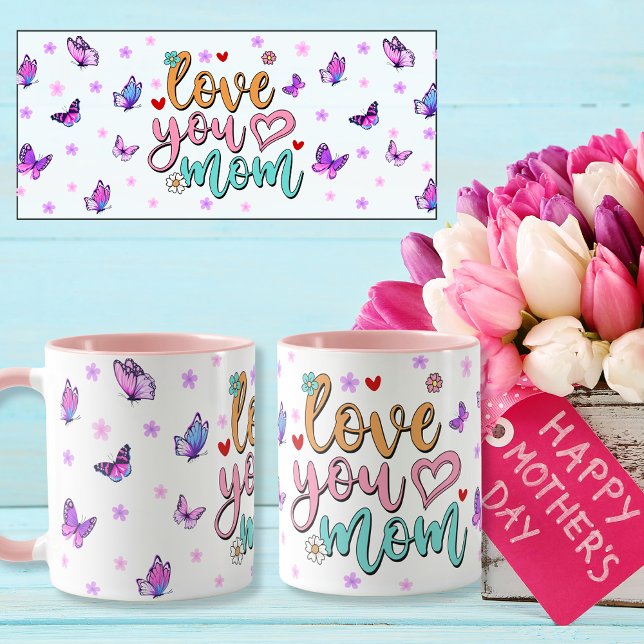 Taza Te encanta mamá que escribe mariposas coloridas (Love you mom lettering colorfull butterflies mug)