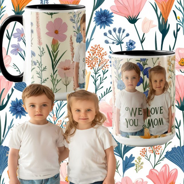 Taza Te queremos mamá La vegetación deja la foto del Dí (We Love You Mom Greenery Leaves Mothers Day Photo Mug)