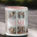 Taza Te queremos Mimi Collage de fotos Mug<br><div class="desc">Una taza de café para una abuela especial que presenta una plantilla de 6 collage de fotos de los niños,  las palabras "te queremos mimi" en una tipografía de gradiente rosa lindo,  y los nombres de los niños.</div>