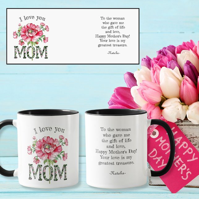 Taza Te quiero mensaje/nombre del personalizado de flor (I love you MOM flower custom message/name Mug)