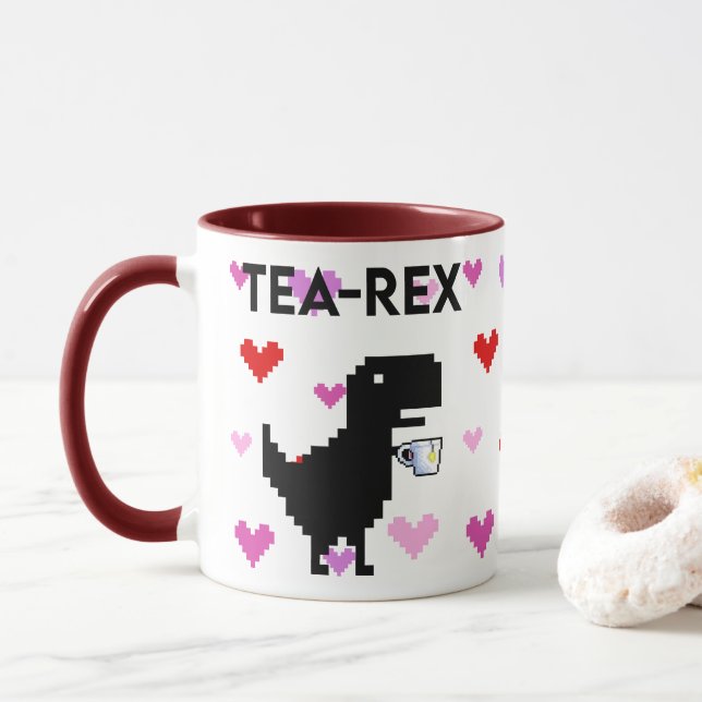 Taza Tea-Rex mit Pixel Herzen (Con donut)