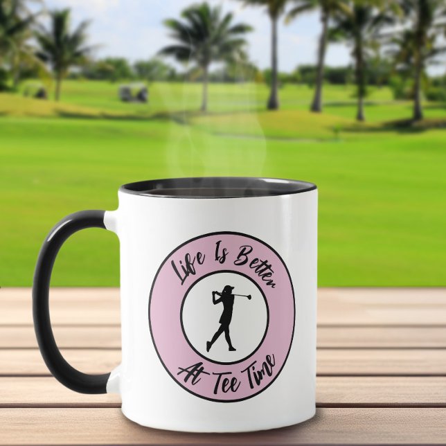 Taza Tee de golfista Deportes Humor Divertido Juego de  (Cute Golfer Tee Time Sports Humor Funny Pun Pink Black Mug For Her)