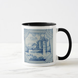 Taza Teja de Delft que muestra un puente levadizo sobre