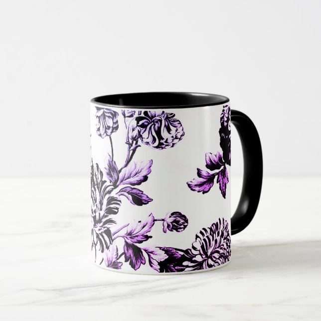 Taza Tela Floral Azul Púrpura Negro Vintado (Anverso derecho)