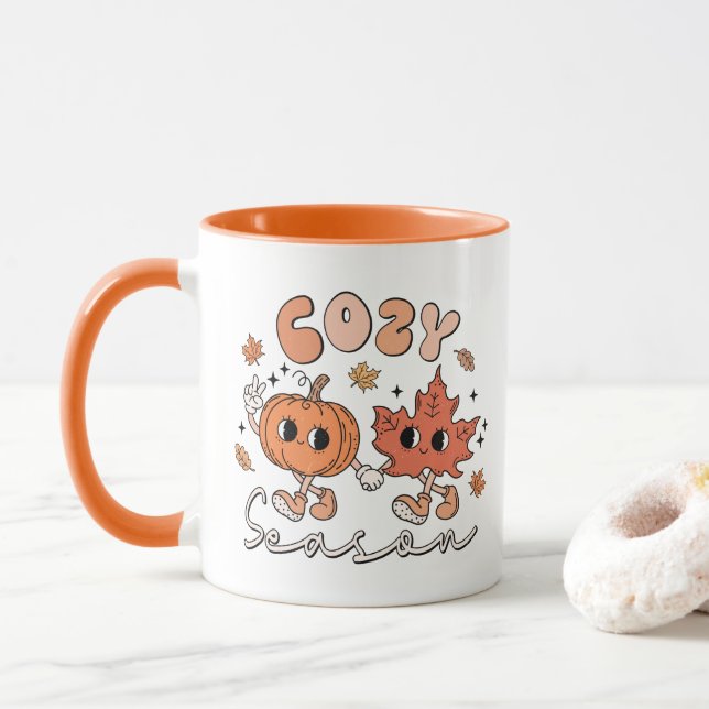 Taza Temporada Cosy, Caída Vibes Mug, Caída Retro Doodl (Con donut)