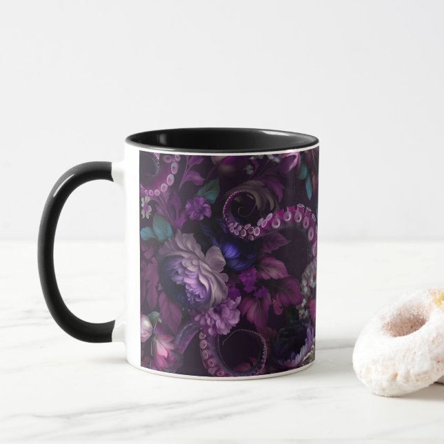 Taza Tentáculo gótico oscuro rosado con flores (Con donut)