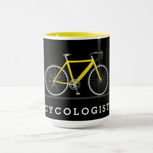 Taza Texto del cicólogo con bicicleta amarilla (Centro)