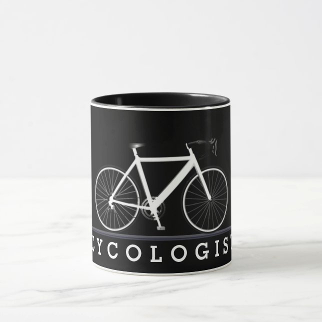 Taza Texto del cicólogo con bicicleta blanca (Centro)