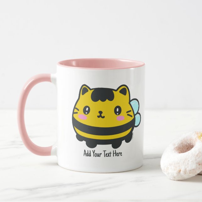Taza Texto personalizado del gato de Bumblebee (Con donut)