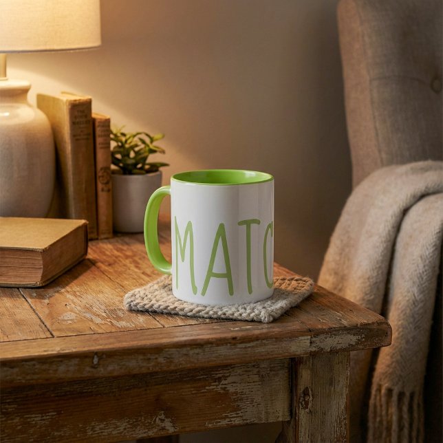 Taza Texto verde Matcha y mugre interior (Matcha green text and inside mug.)