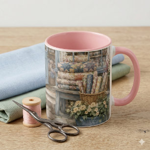 Taza Tienda de colchas cottagecore francesa acuarela