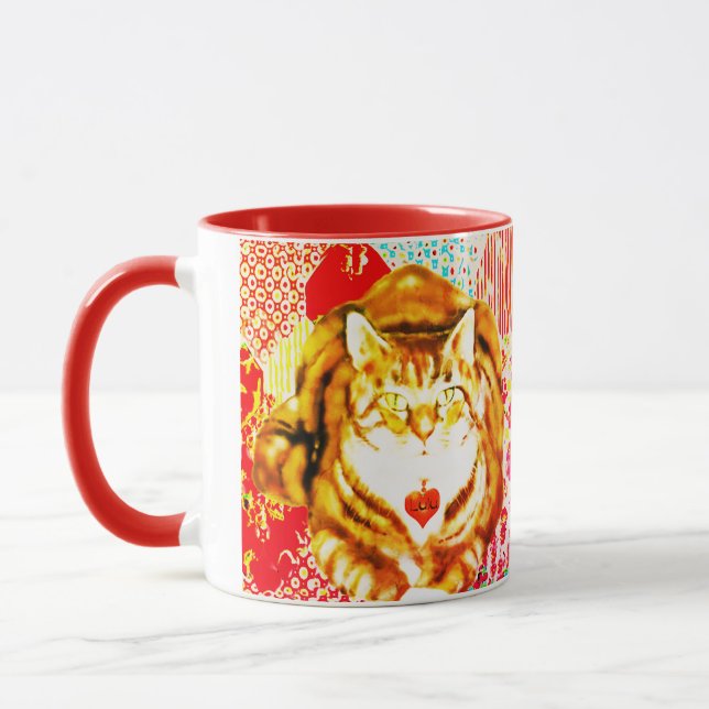 Taza Tiger Yellow Cat Red Whimsical Background Mug (Izquierda)