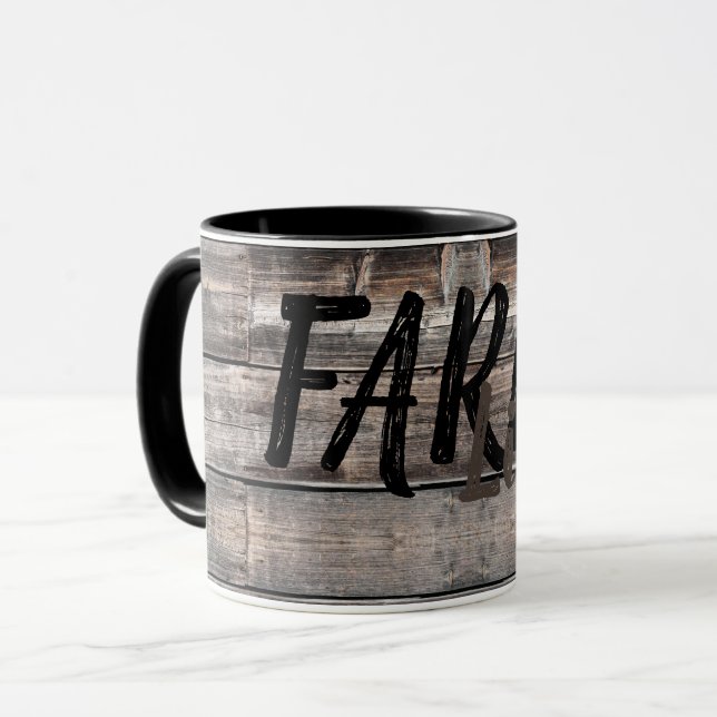 Taza tipo FARM LIFE rústico sobre fondo de madera | (Anverso izquierdo)
