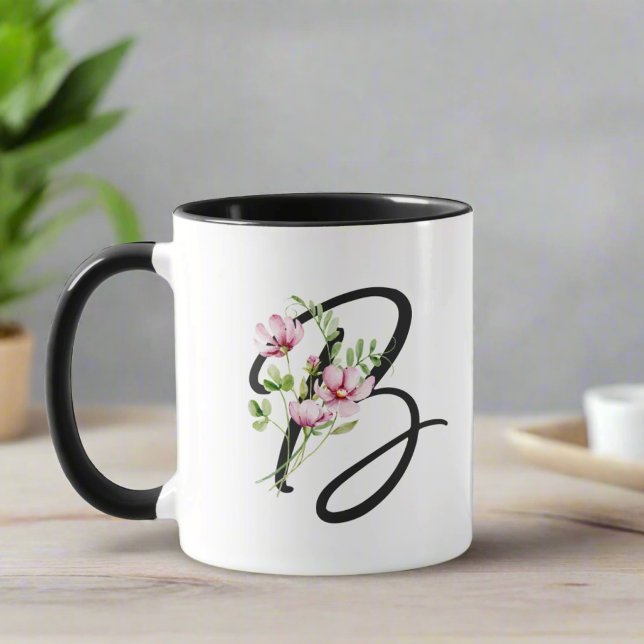 Taza Tipografía Elegante Monograma Floral Inicial B (Subido por el creador)