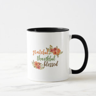 Taza Tipografía floral agradecida, agradecida y bendeci
