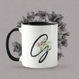 Taza Tipografía monográfica negra "G" Flores elegantes