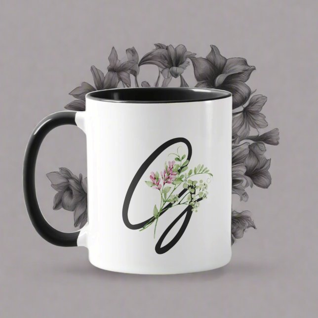 Taza Tipografía monográfica negra "G" Flores elegantes (Subido por el creador)