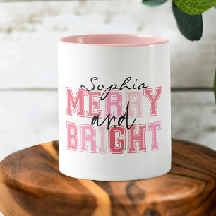 Taza Tipografía rosa Merry And Bright Navidad groovy