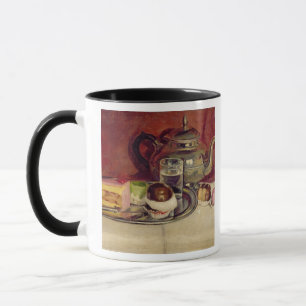 Taza Todavía vida con tortas y una tetera de la plata