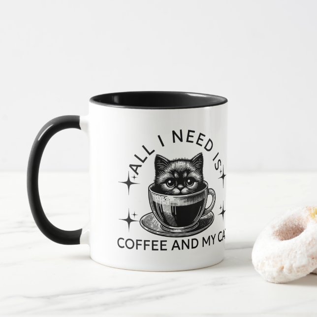 Taza Todo lo que necesito es café y mi gato. (Con donut)