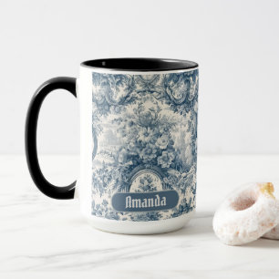 Taza Toile de jouy monograma floral azul vintage