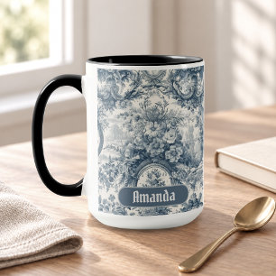 Taza Toile de jouy monograma floral azul vintage