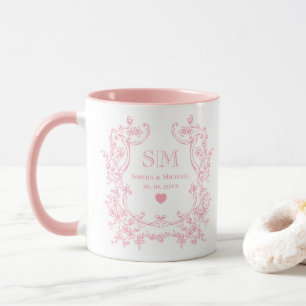 Taza Toile De Jouy Rosa o Monograma de Boda con Vid Flo