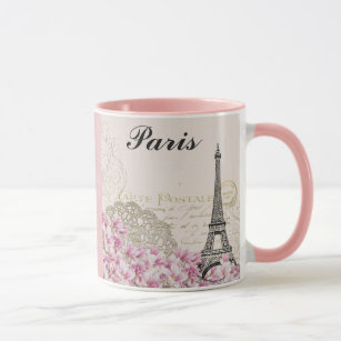 Taza Torre Eiffel de París Flores rosas antiguas de Fra