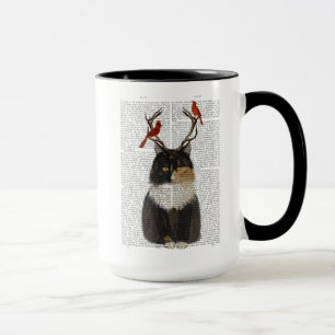Taza Tortoiseshell Cat con pollas y aves rojas