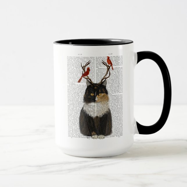 Taza Tortoiseshell Cat con pollas y aves rojas (Derecha)